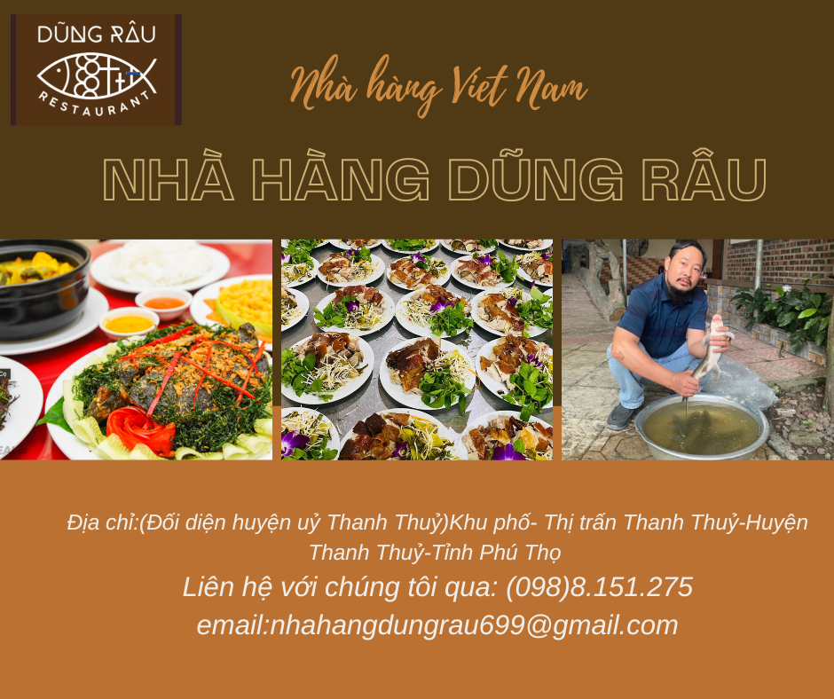 Nhà Hàng Dũng Râu — cá chiên sông Đà, mâm cỗ tiệc và đầu bếp chuẩn bị món tại quán